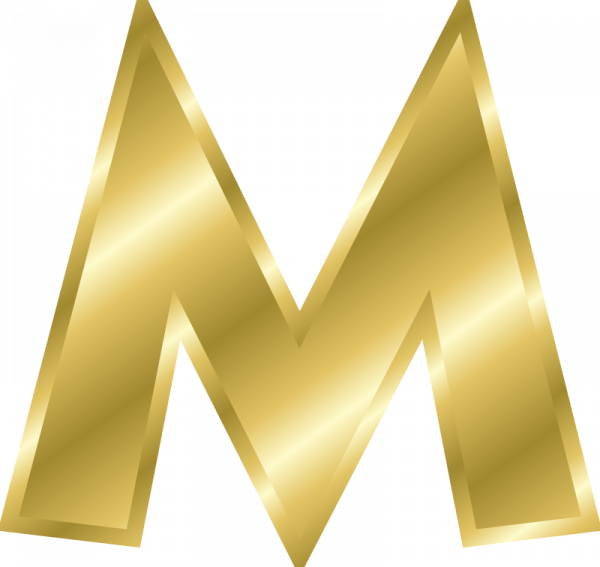 字母M 桌布 壁紙 — 一個閃閃發光的金色字母M，邊緣鋒利，帶有反射性高光，在純黑色背景上大膽矗立。