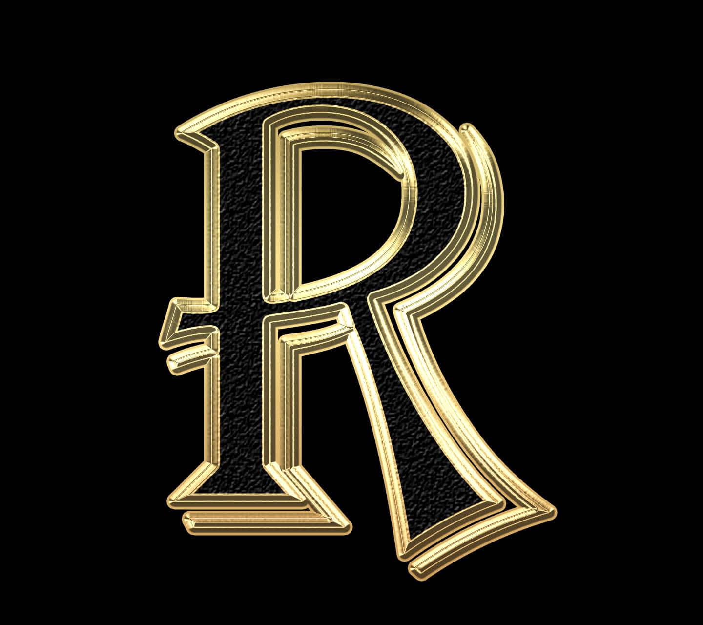 R 桌布 壁紙 — 一個閃閃發光的金色字母R，帶有華麗的斜角邊緣，在紋理黑色背景上大膽地突出。