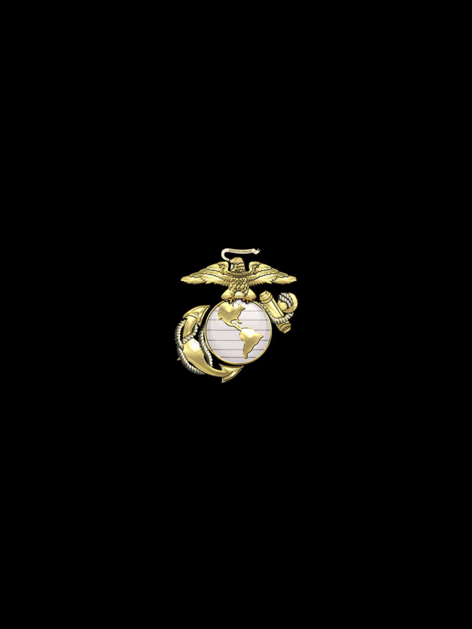 Usmc 桌布 壁紙 — 一個閃閃發光的金色美國海軍陸戰隊徽章，置於純黑色背景中央。