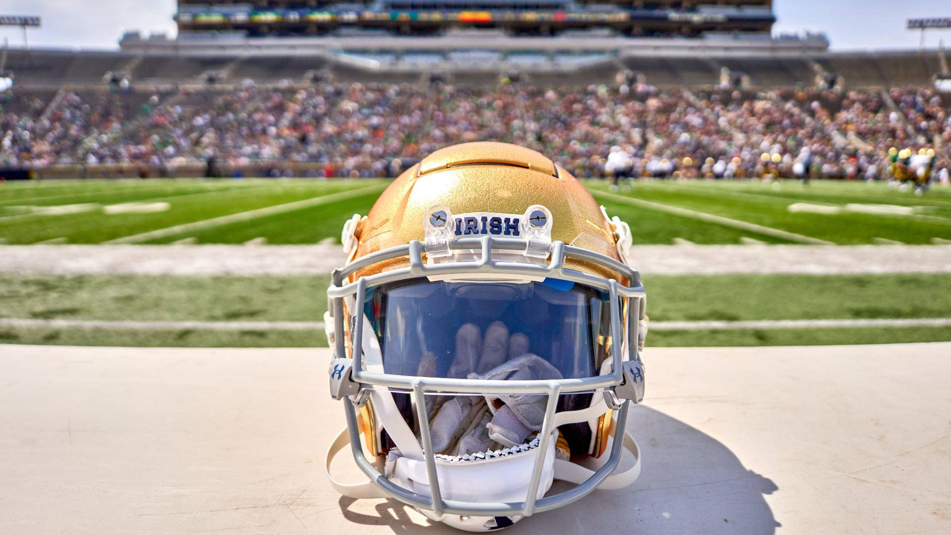 Notre Dame Football 桌布 壁紙 — 一個閃閃發光的金色美式足球頭盔，上面有「IRISH」字樣，放在陽光普照、坐滿觀眾的體育場前景。