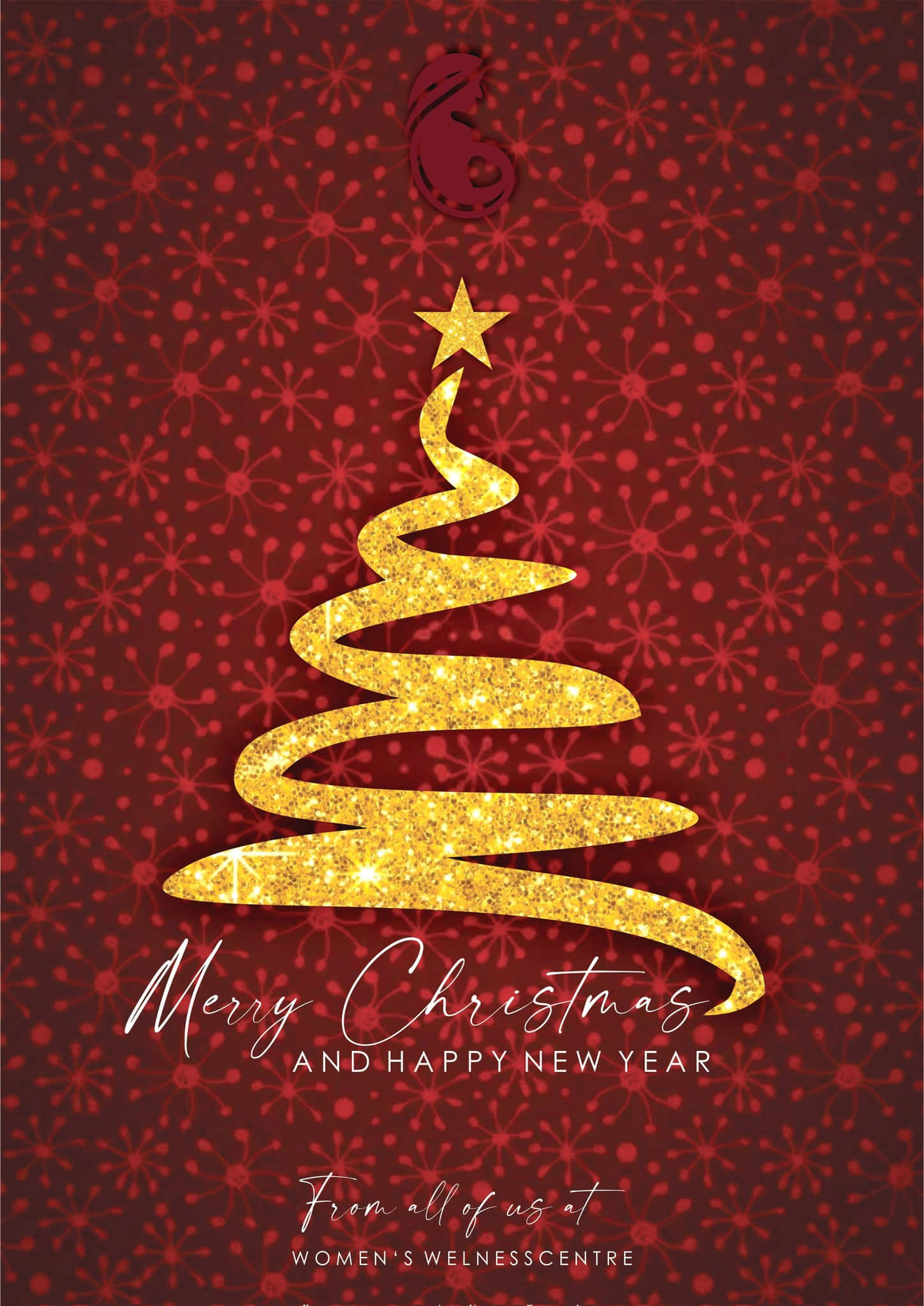 Christmas Countdown 桌布 壁紙 — 一個閃閃發光的金色螺旋聖誕樹，頂部有星星裝飾，立在深紅色背景上，帶有雪花圖案。