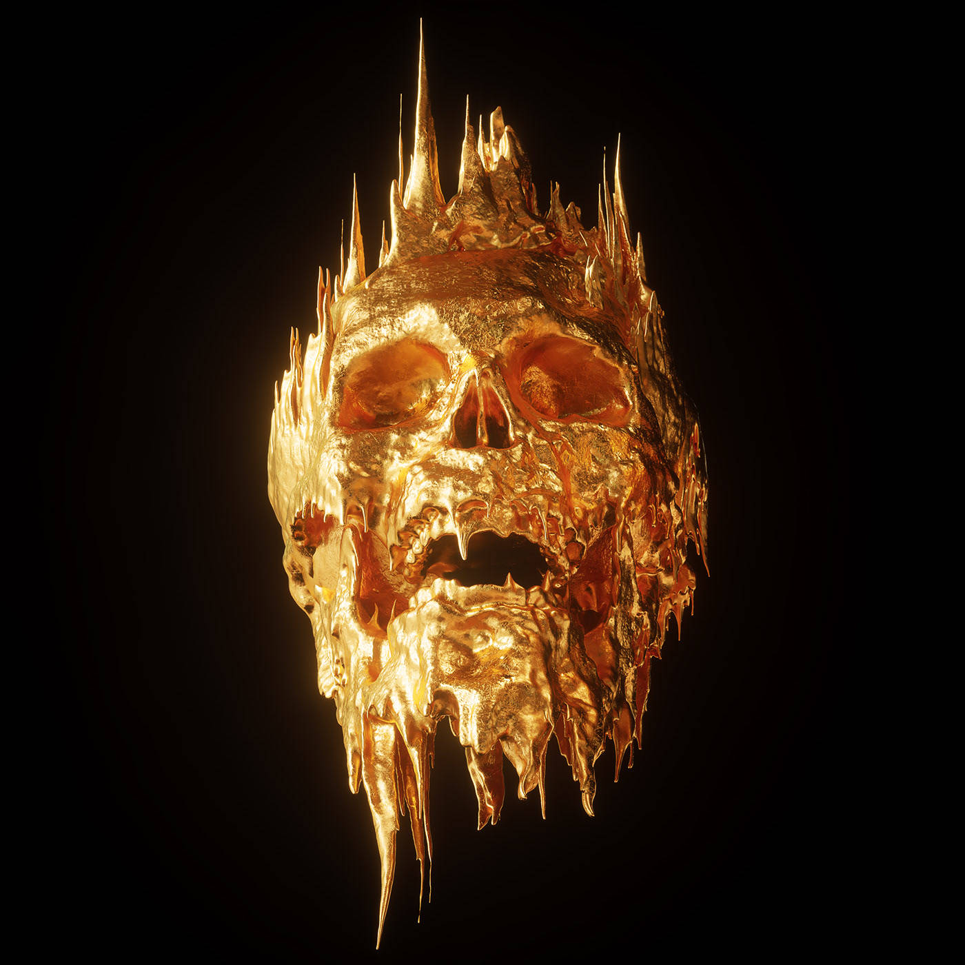 Santa Muerte 桌布 壁紙 — 一個閃閃發光的金色頭骨，帶有鋸齒狀尖刺，在漆黑的虛空中滴落熔化的金屬。
