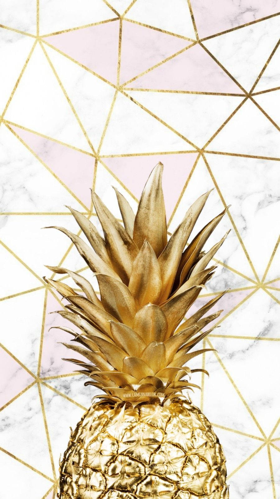 Pineapple iPhone 桌布 壁紙 — 一個閃閃發光的金色鳳梨，以粉紅色和白色大理石背景為中心，帶有金色幾何線條。