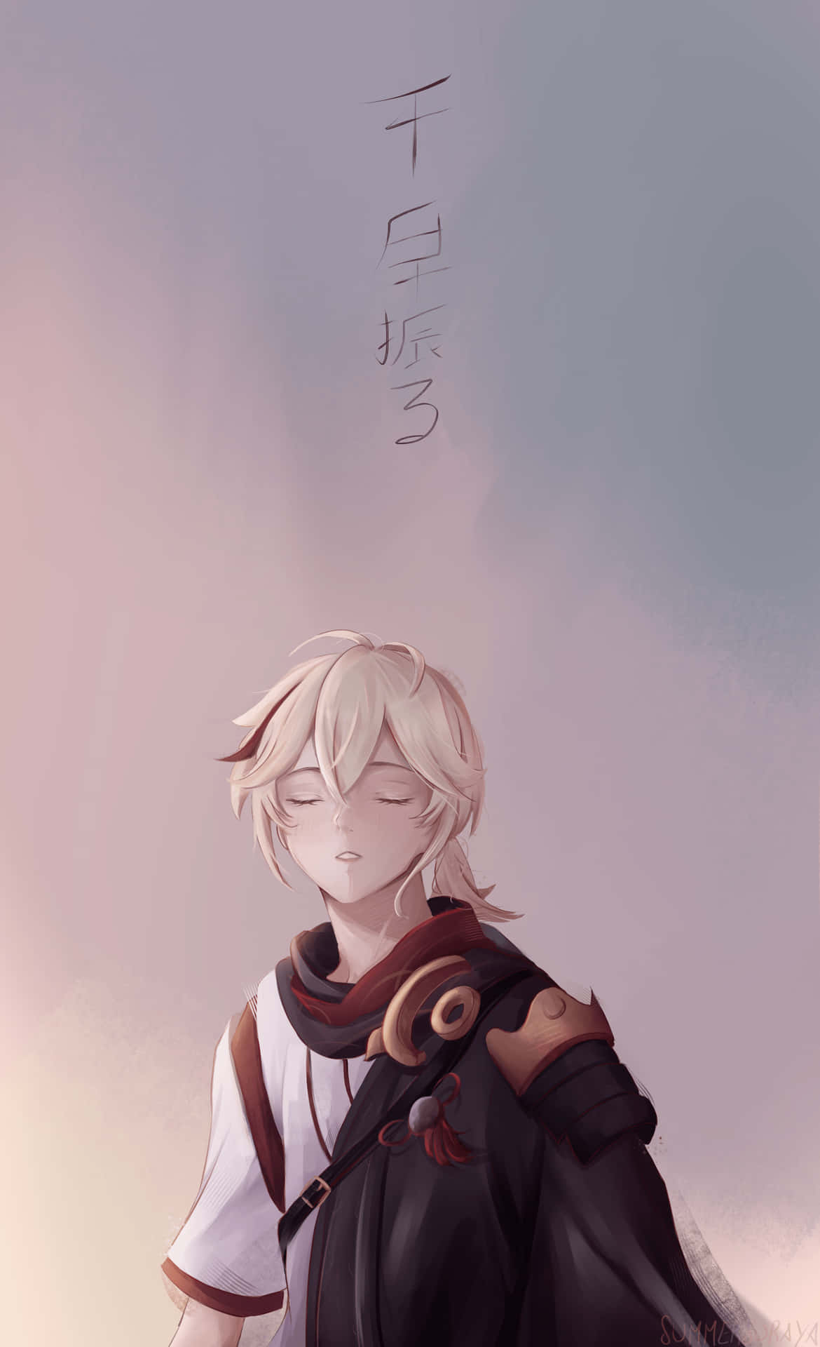 電玩遊戲 桌布 壁紙 — 一個閉上眼睛的寧靜動漫角色，配以柔和的粉紅和藍色漸變背景。