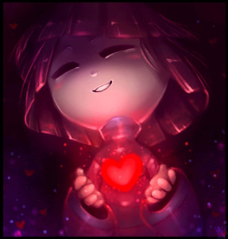 Undertale 桌布 壁紙 — 一個閉著眼睛的Q版動漫女孩微笑著，在深紫色星空背景中拿著一個發光的紅色心形。