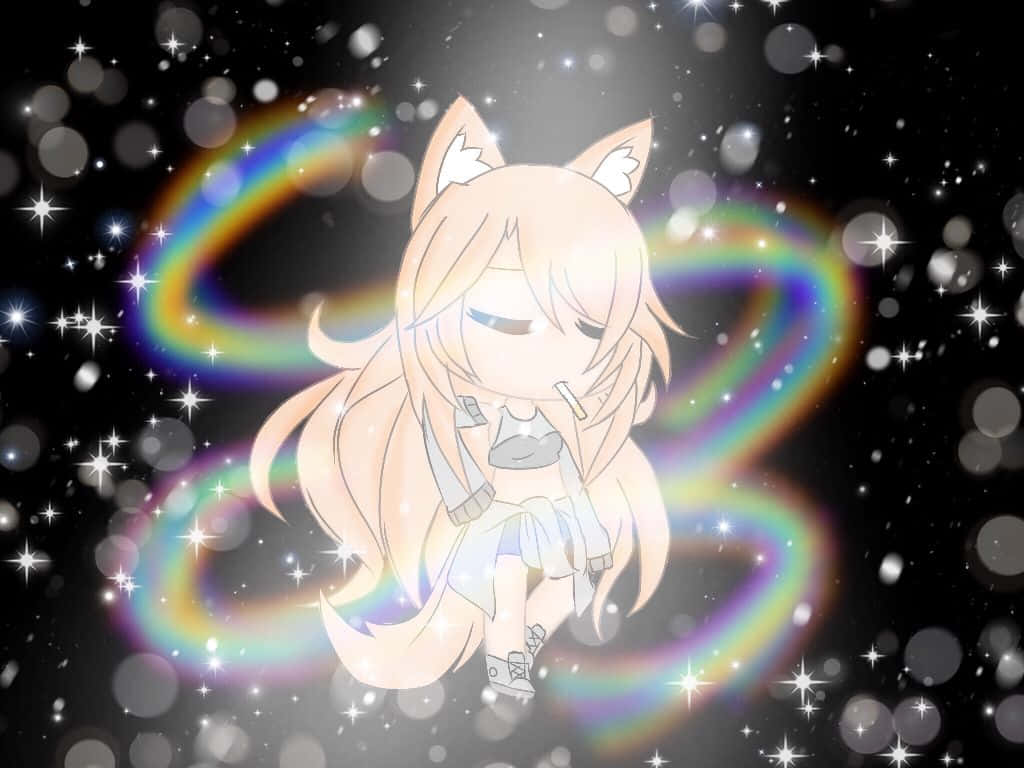 Cute Gacha Life Boy 桌布 壁紙 — 一個閉著眼睛的Q版狐狸女孩漂浮在旋轉的彩虹和閃爍的星星之間，背景是黑暗的宇宙。
