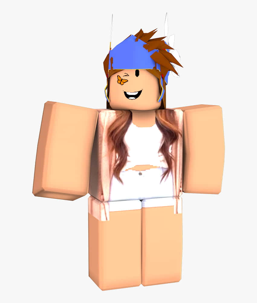 Roblox 桌布 壁紙 — 一個開心的 Roblox 頭像，棕色頭髮、藍色頭帶、臉頰上有蝴蝶，在純色背景前微笑。