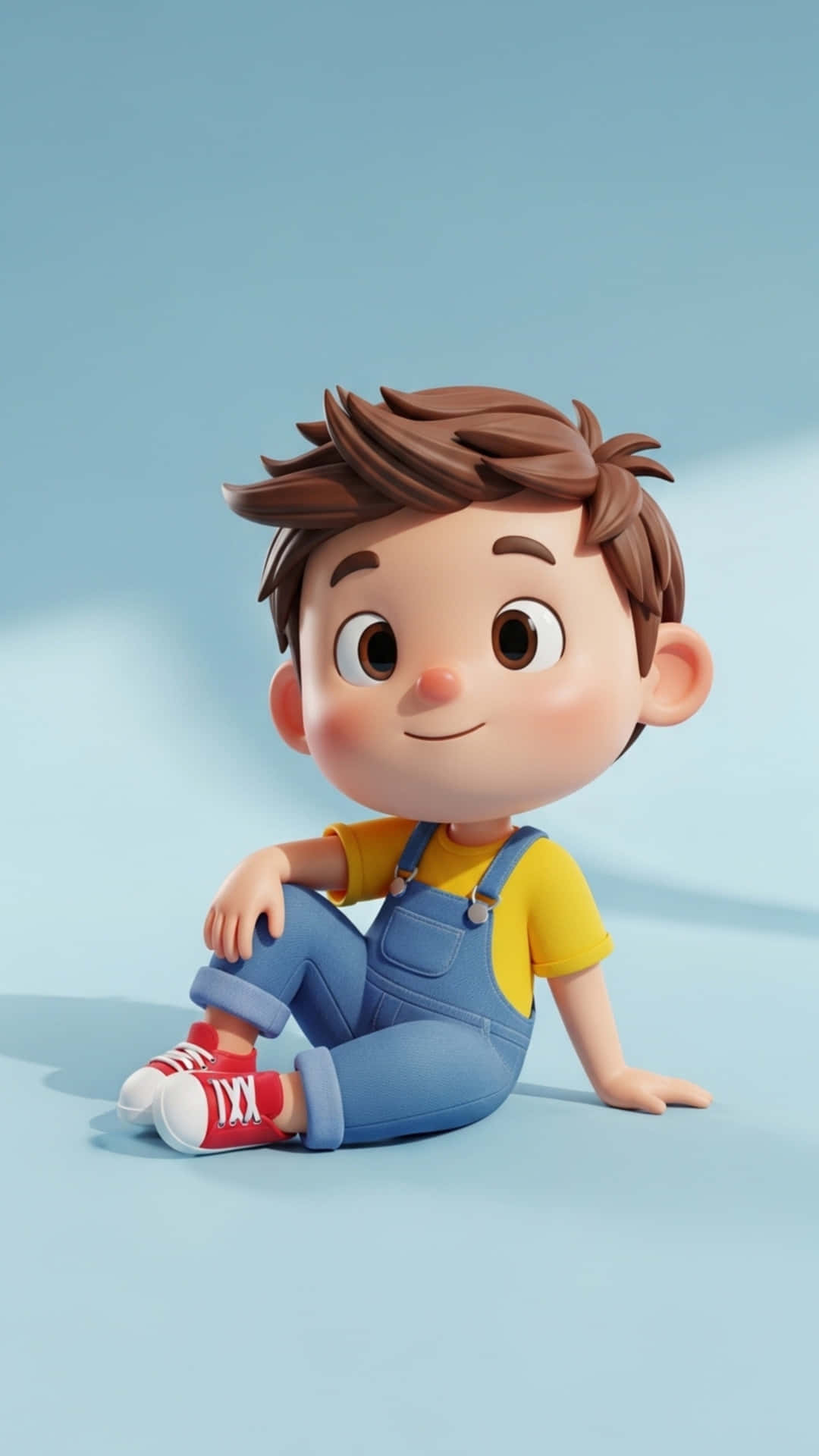 Cute Cartoon Boy Sitting Casually, Playful Expression, Colorful Outfit 壁紙 — 一個開心的3d動畫男孩，棕色頭髮，盤腿坐在柔軟的藍色背景上，穿著藍色吊帶褲和紅色運動鞋。