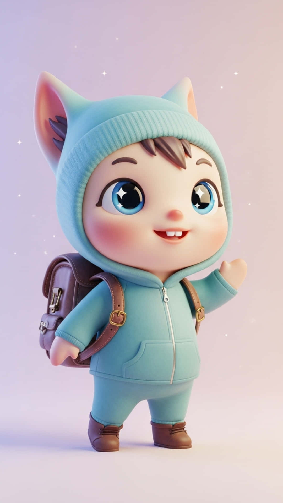 Cute Fantasy-Style 3D Character with Small Backpack, Big Eyes and Soft Smile 壁紙 — 一個開心的3D卡通小孩，戴著貓耳朵和淺藍色連帽衫，背著棕色背包，在柔和的粉彩背景中揮手，背景有閃爍的星星。