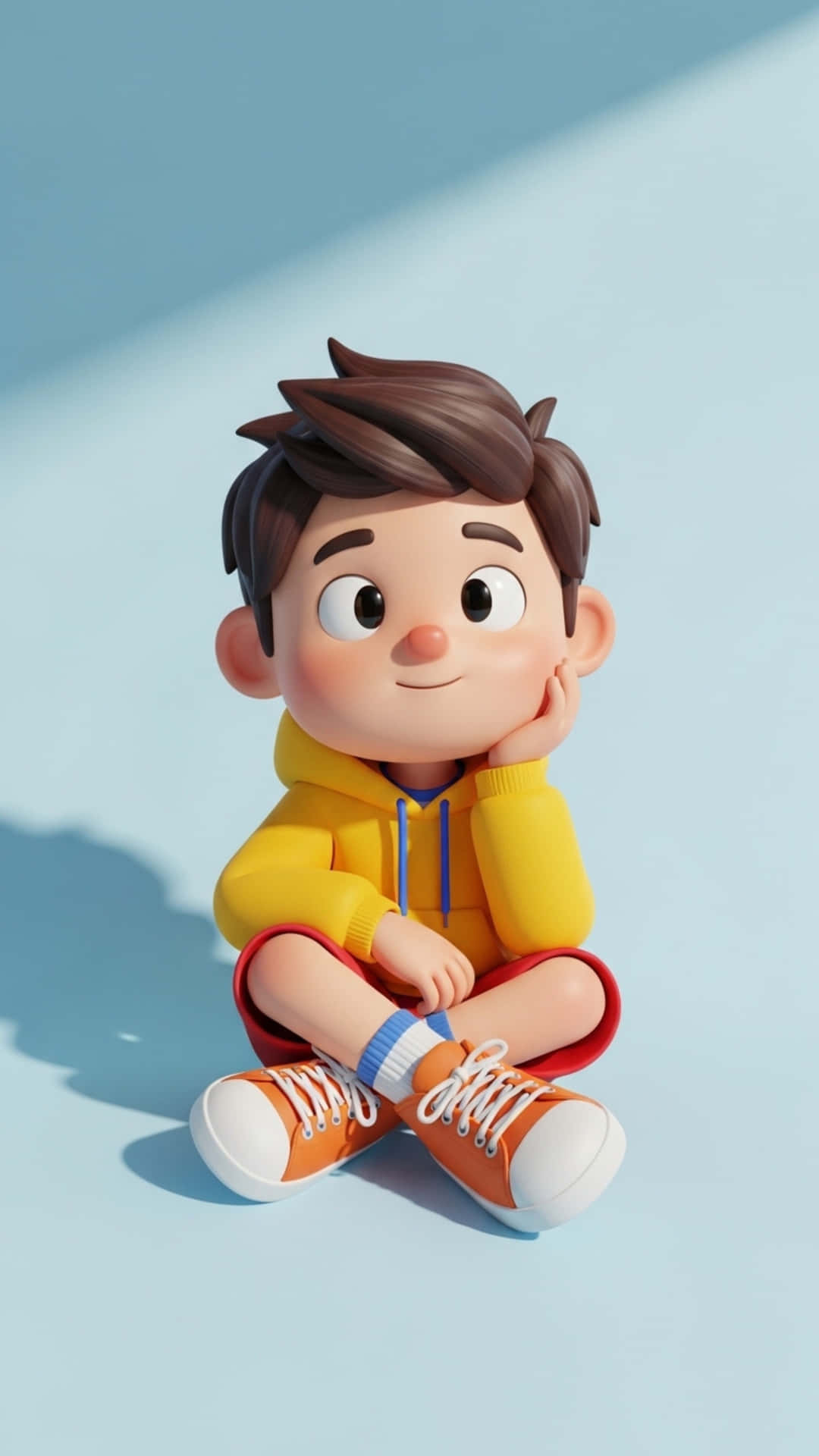 Cute Cartoon Boy Sitting Casually, Playful Expression, Colorful Outfit 壁紙 — 一個開心的3D卡通男孩，穿著黃色連帽衫和橙色運動鞋，盤腿坐在淺藍色地板上，一隻手托著臉頰。