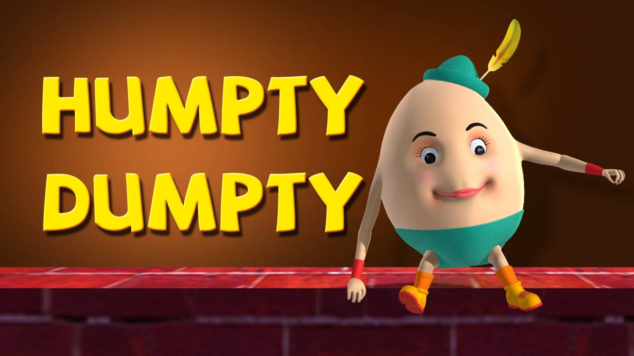 動畫 桌布 壁紙 — 一個開心的3D渲染Humpty Dumpty角色在紅色磚牆上保持平衡，背景是溫暖的棕色，帶有粗體黃色文字。