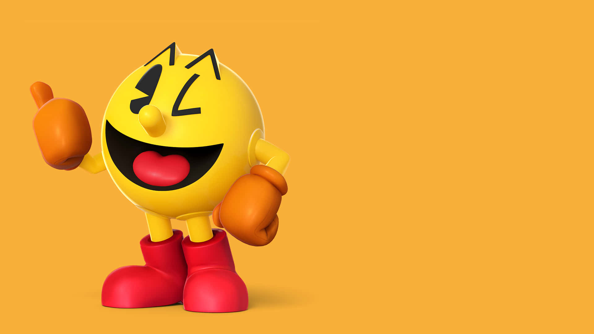 pac man 桌布 壁紙 — 一個開心的3D渲染Pac-Man角色在純橙色背景前豎起大拇指。