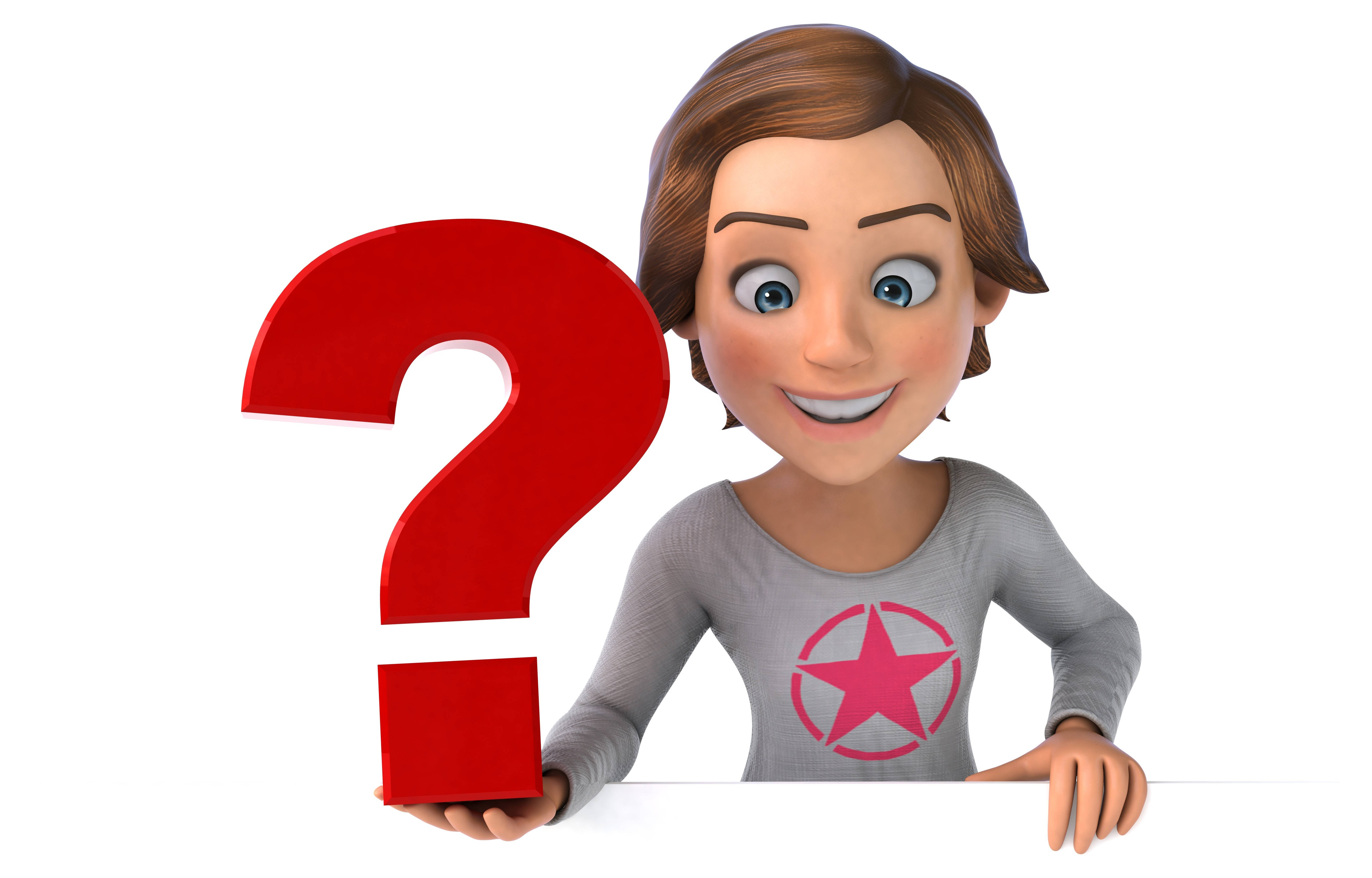 動態桌面 桌布 壁紙 — 一個開心的3D渲染卡通女人，棕色頭髮，在白色背景前拿著一個大的紅色問號。