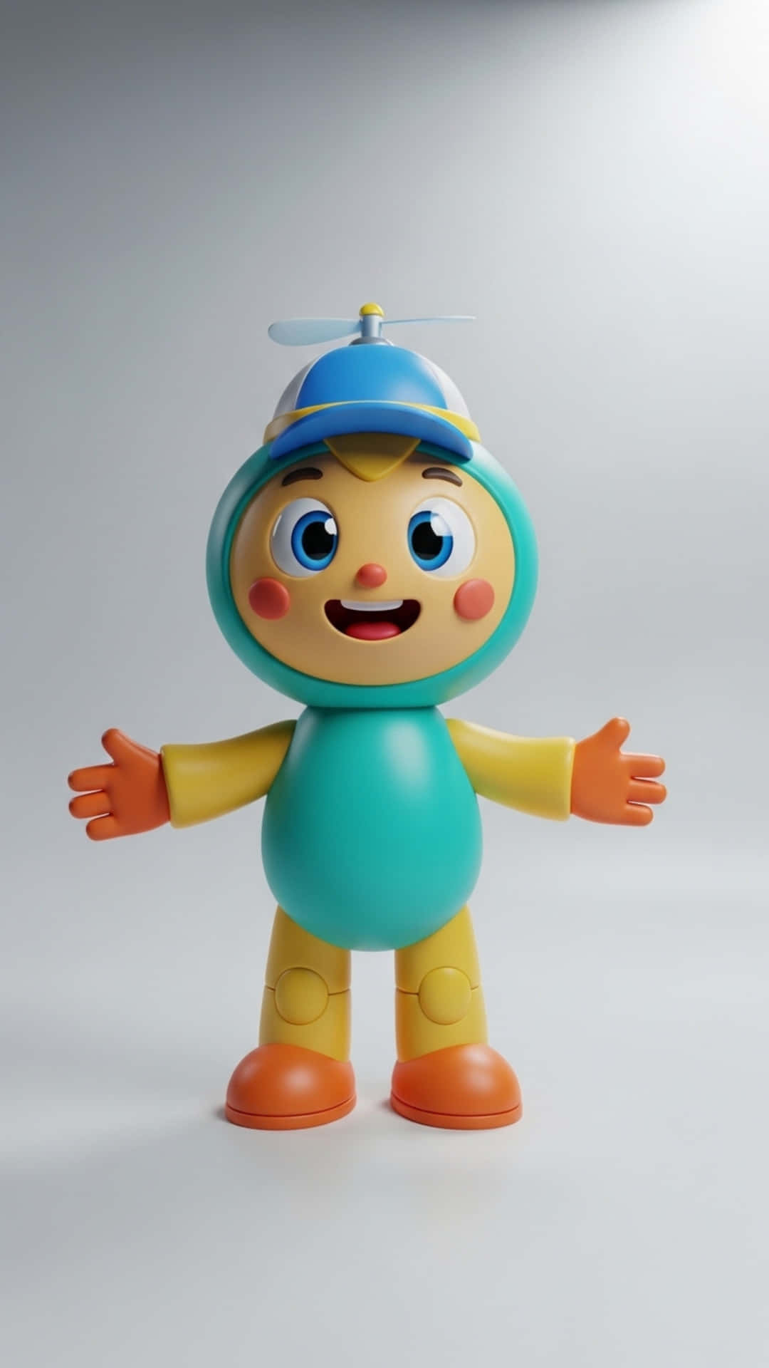 Sweet 3D Cartoon Mascot Character Standing Upright, Friendly Face, Vibrant Colors 壁紙 — 一個開心的3D渲染卡通角色，戴著藍色頭盔和旋翼，張開雙臂站在純灰色背景前。