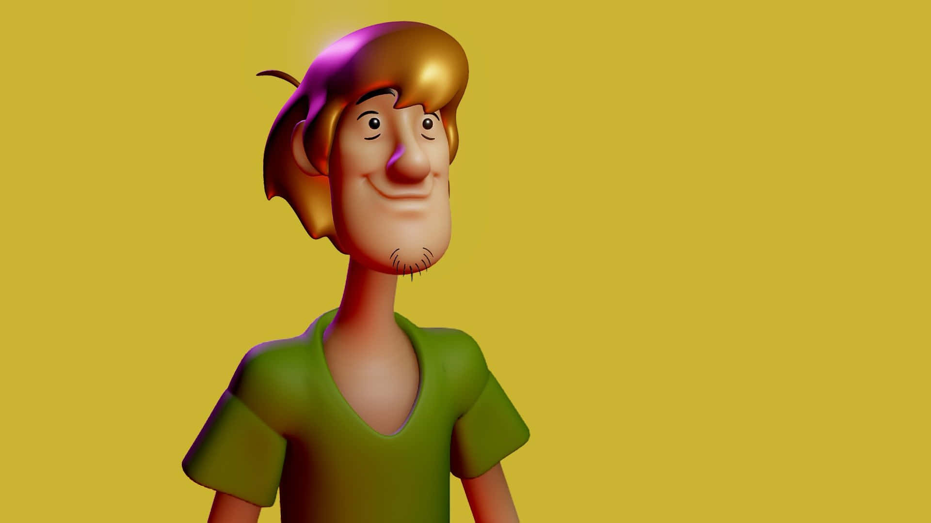 Shaggy Rogers 桌布 壁紙 — 一個開心的3D渲染卡通角色，金髮綠衫，在純黃色背景上微笑。