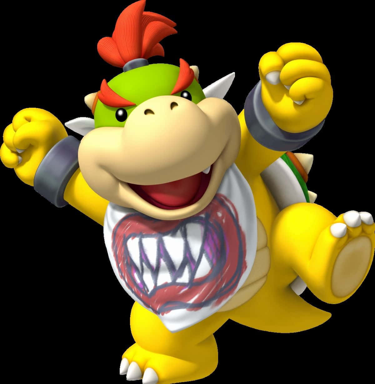 Bowser Jr 桌布 壁紙 — 一個開心的3D渲染庫巴Jr.，紅色莫西干頭和白色圍兜有紅色牙齒圖案，在黑色背景前舉起拳頭。