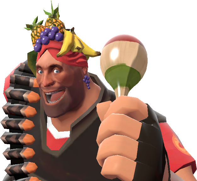 Tf2 桌布 壁紙 — 一個開心的3D渲染角色，戴著水果皇冠並拿著沙鈴，微笑著手持武器。