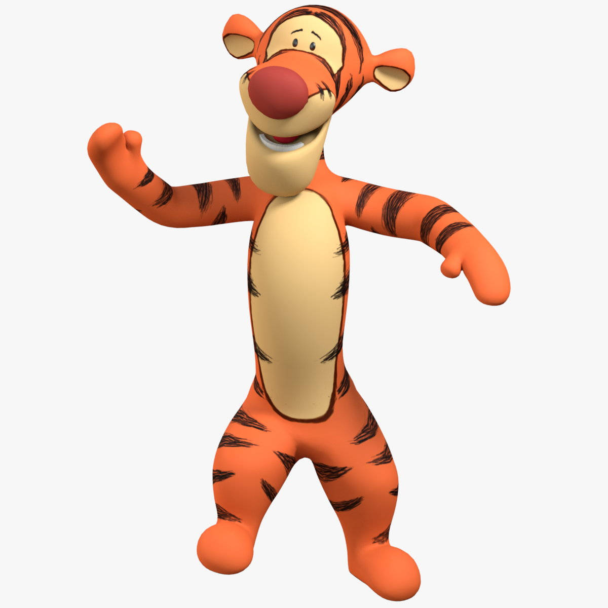 Tigger 桌布 壁紙 — 一個開心的3D渲染跳跳虎角色，有橙色毛髮、黑色條紋和一個大紅鼻子，在純色背景前開心地揮手。