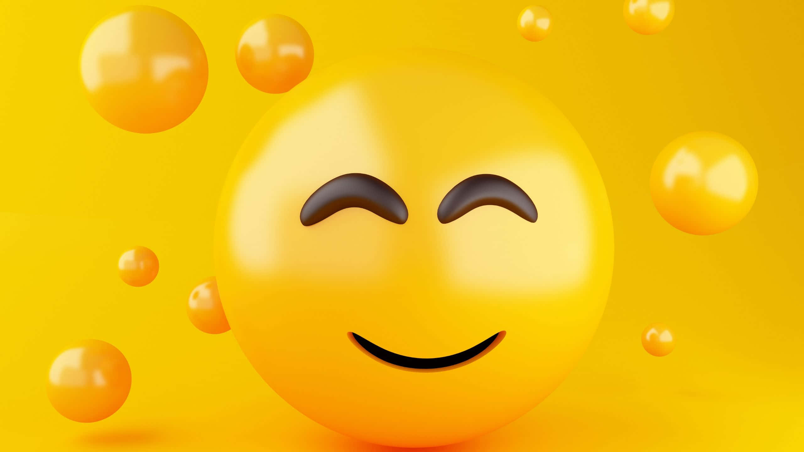 Smile Emoji 桌布 壁紙 — 一個開心的3D笑臉表情符號，閉著眼睛，被漂浮的金色泡泡包圍，背景是鮮黃色。