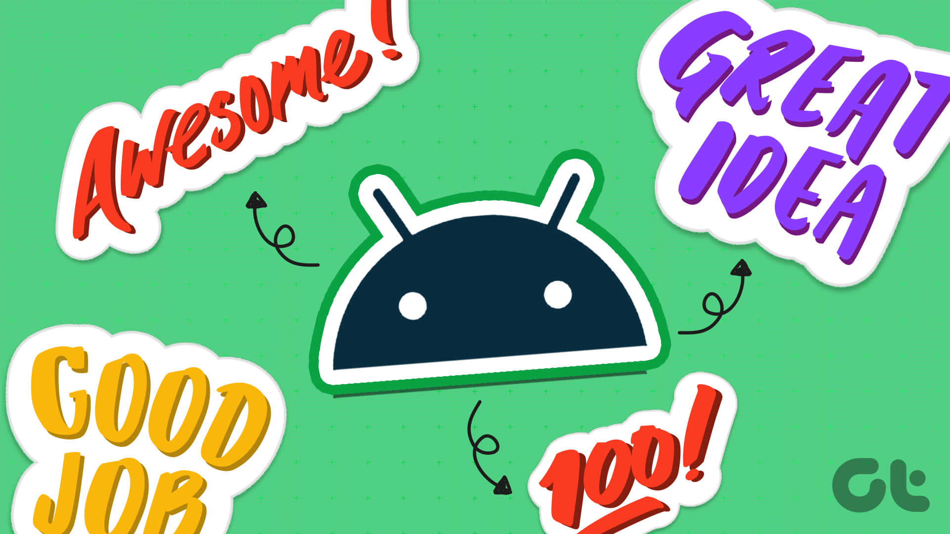 安卓 桌布 壁紙 — 一個開心的Android吉祥物，被色彩繽紛的對話框包圍，在明亮的綠色背景上讚揚成就。