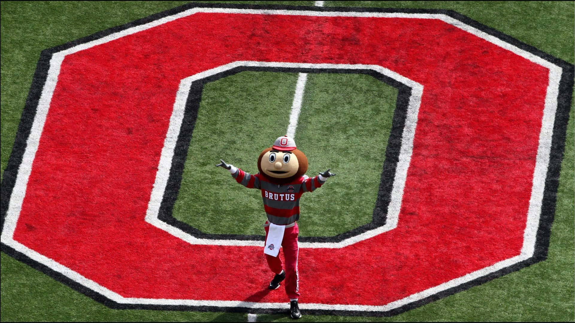 足球 桌布 壁紙 — 一個開心的Brutus Buckeye吉祥物在一個以巨大紅白色「O」標誌為中心的足球場上張開雙臂站著。