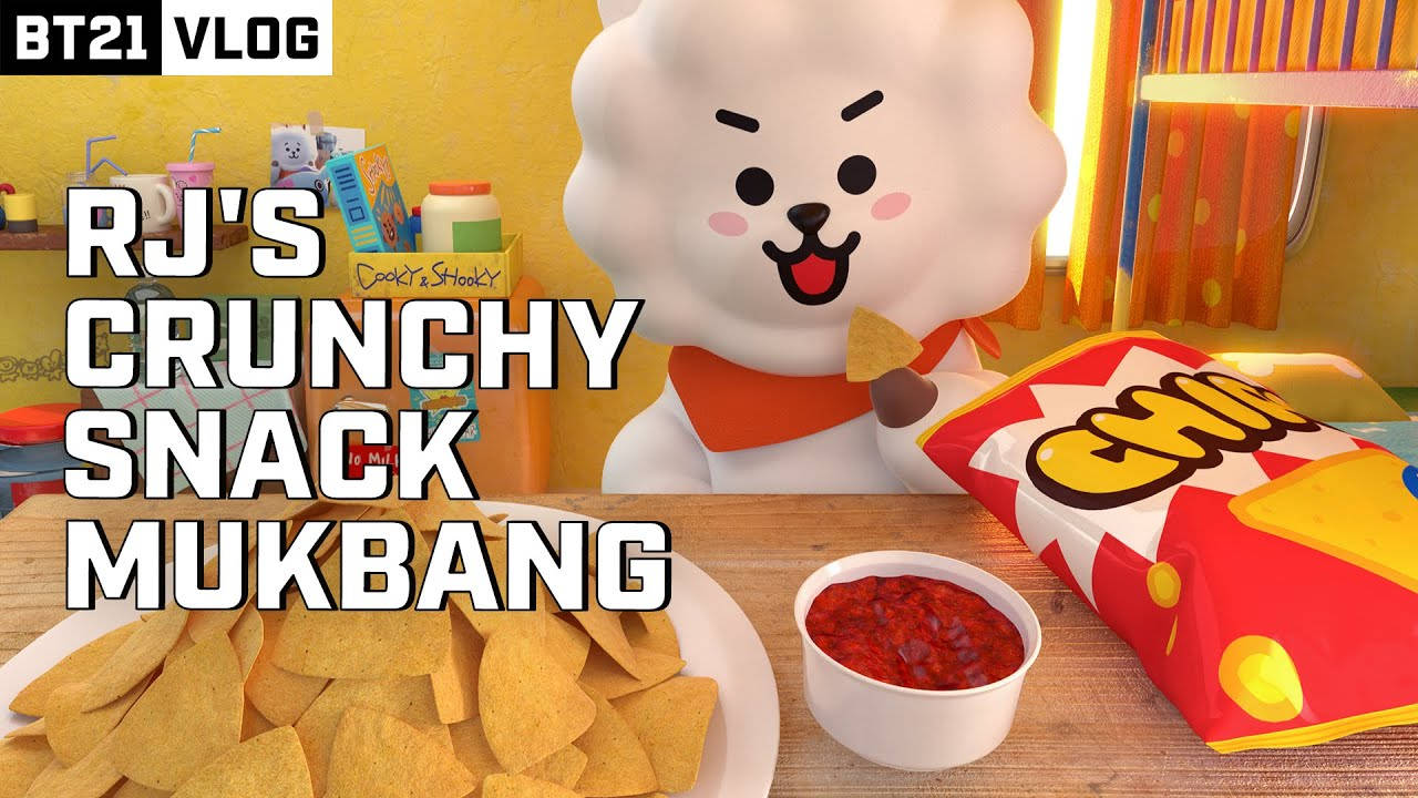 rj bt21 桌布 壁紙 — 一個開心的BT21角色在色彩繽紛的房間裡享受零食放送，有薯片和莎莎醬。