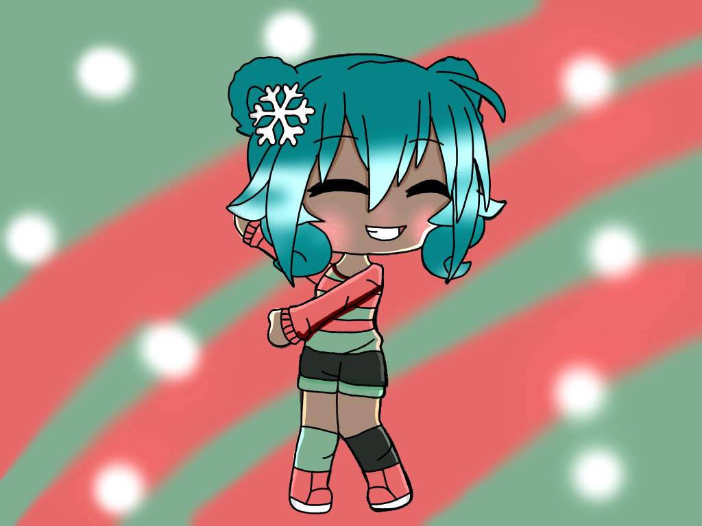 life 桌布 壁紙 — 一個開心的chibi動漫女孩，擁有青色頭髮和雪花髮夾，在節日紅綠條紋背景和白色散景燈光下微笑。