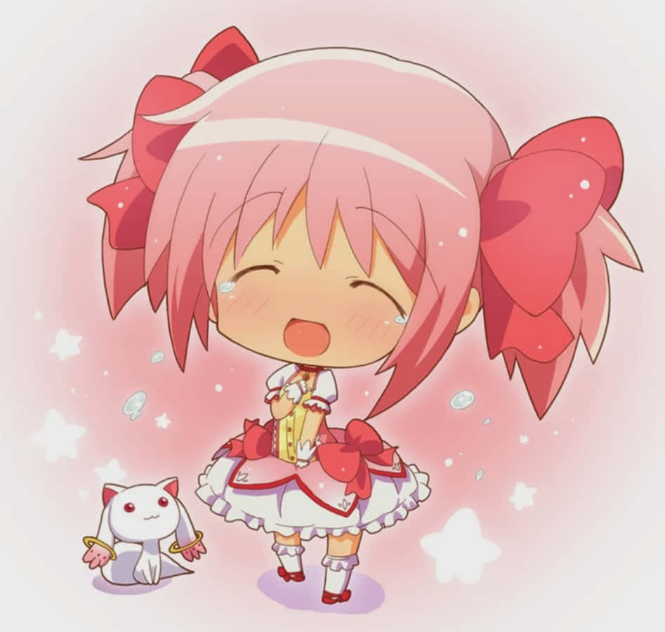 Q版動圖 桌布 壁紙 — 一個開心的chibi動漫女孩，粉紅色頭髮和蝴蝶結，在閃閃發光的粉紅色背景前，與一隻小白貓一起開心地笑著。