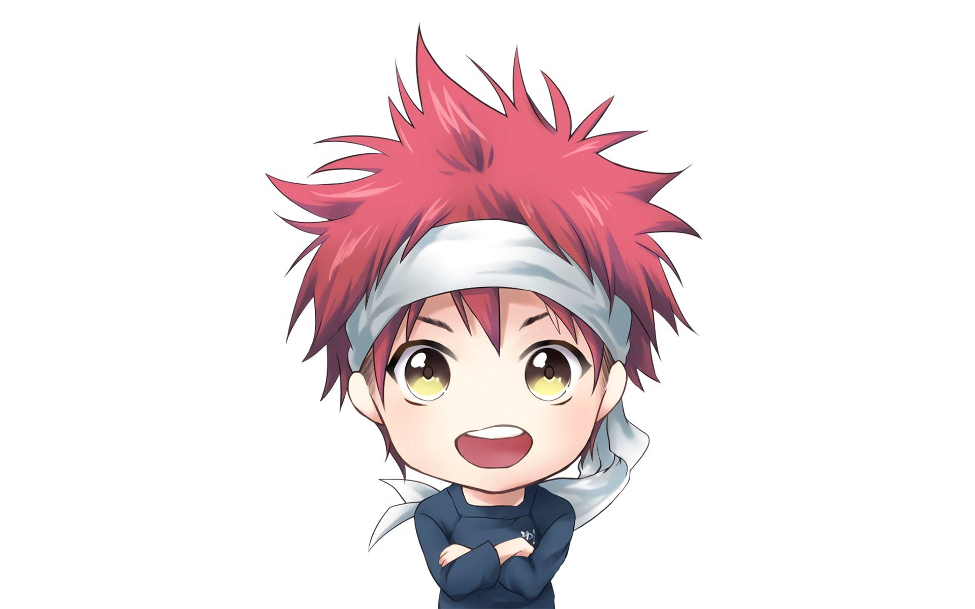 food wars shokugeki no soma 桌布 壁紙 — 一個開心的chibi動漫男孩，有尖尖的紅色頭髮和白色頭帶，交叉雙臂，在純白背景前微笑。