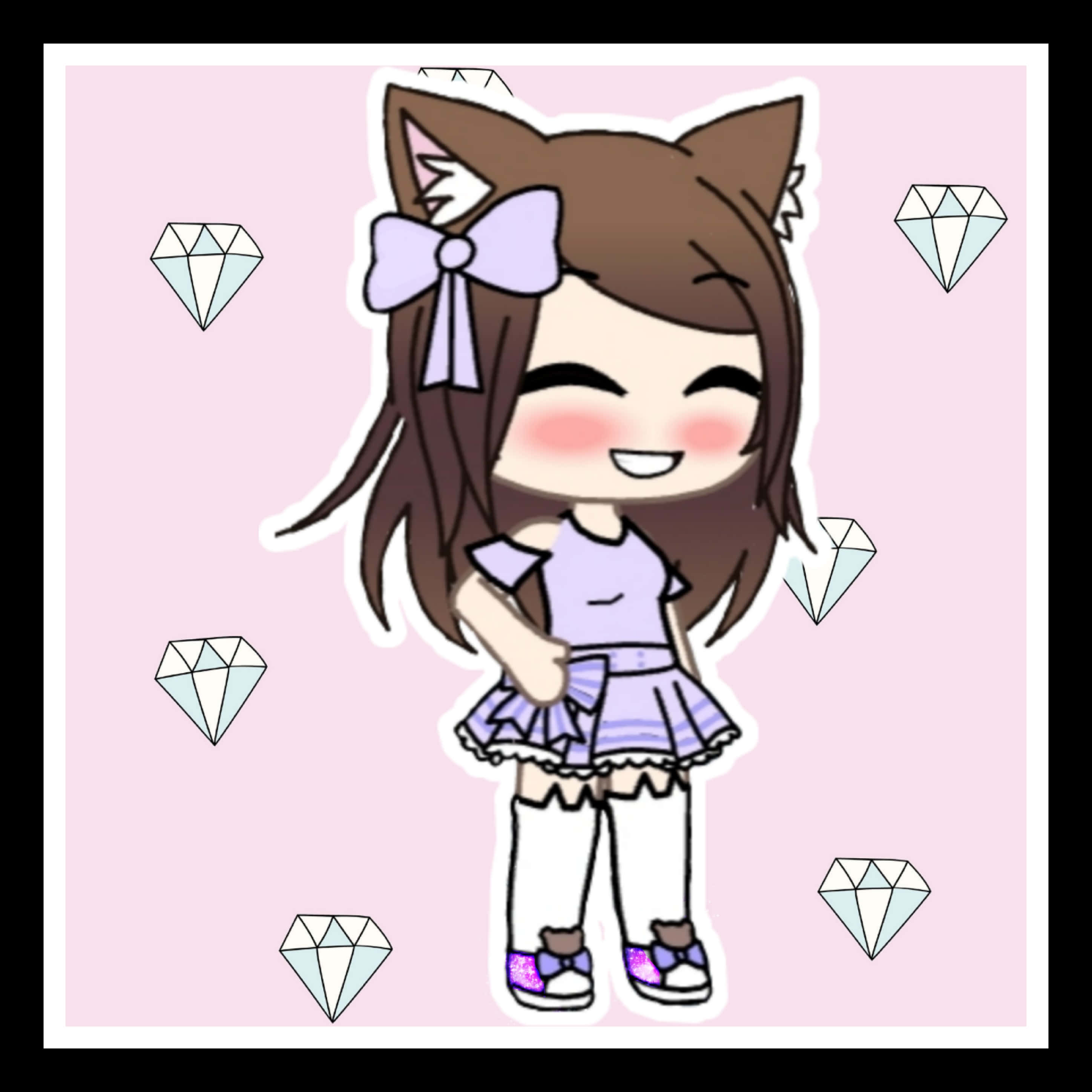 Gacha 桌布 壁紙 — 一個開心的chibi女孩，戴著貓耳和紫色蝴蝶結，在粉紅色背景上微笑，周圍有漂浮的鑽石。