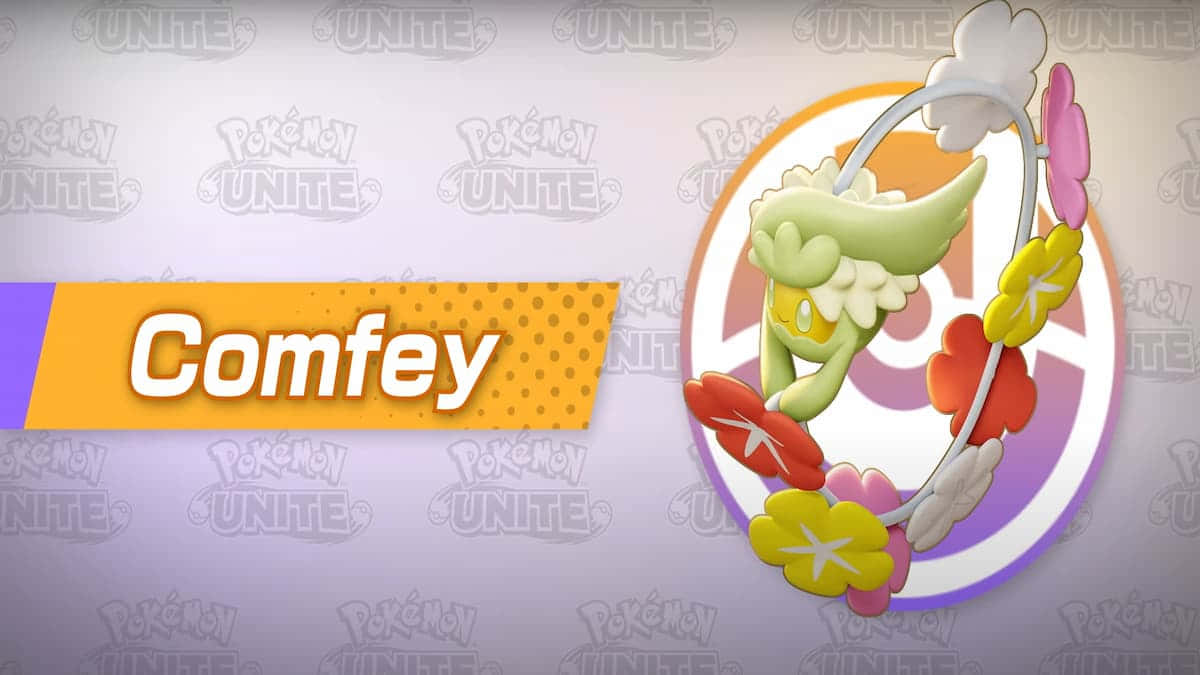 寶可夢 桌布 壁紙 — 一個開心的Comfey Pokémon角色，擁有綠色翅膀和色彩繽紛的花朵，在淺紫色背景上旋轉，背景重複出現「Pokémon UNITE」標誌。