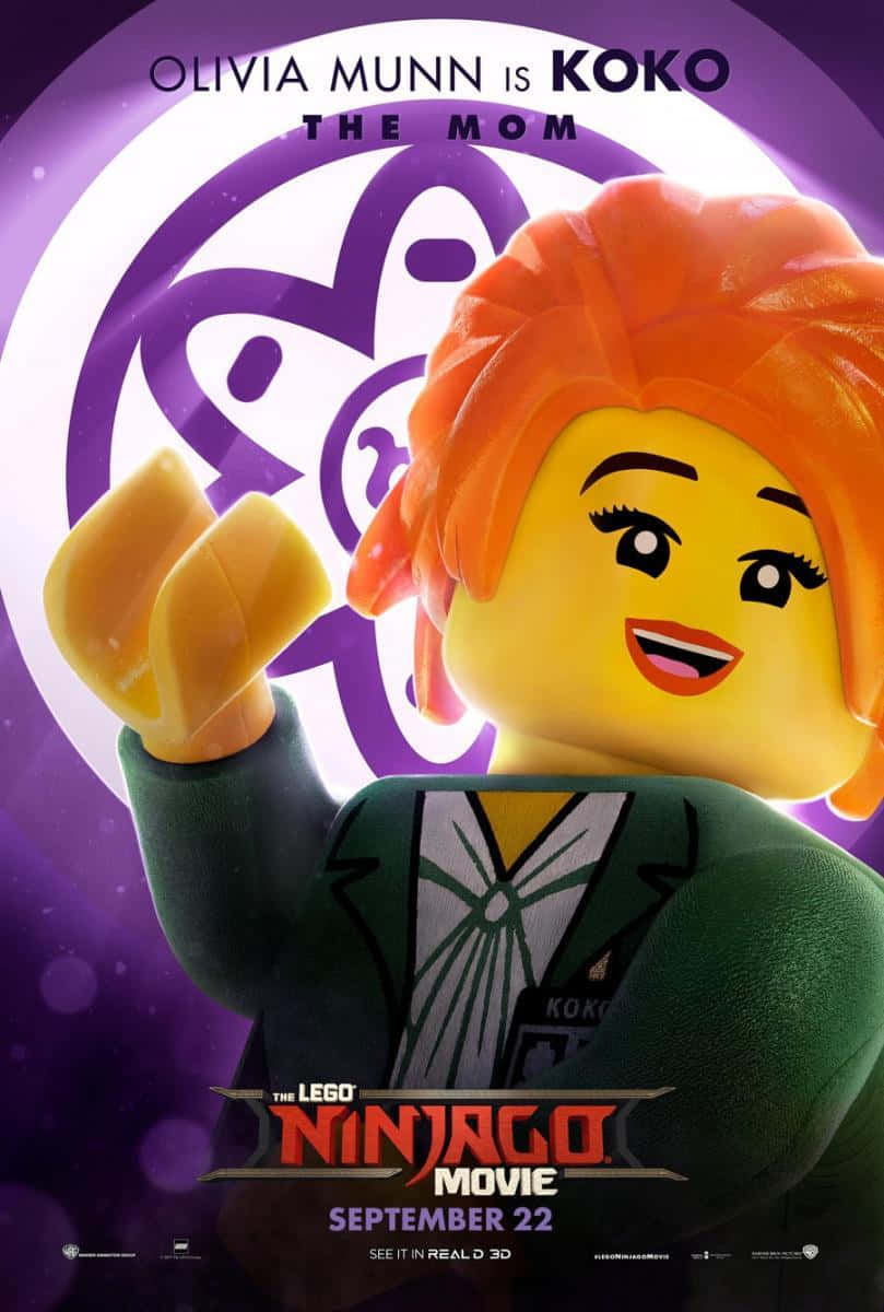 Animated 桌布 壁紙 — 一個開心的LEGO迷你人偶女性，擁有橙色頭髮和綠色西裝，在紫色發光背景前微笑著拿著黃色物體。