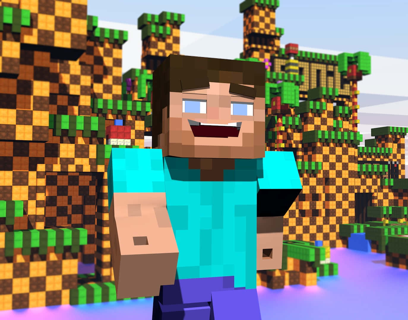 Minecraft Armor 桌布 壁紙 — 一個開心的Minecraft Steve站在一個像素森林中，有方塊樹和發光的紫色水，天空明亮。