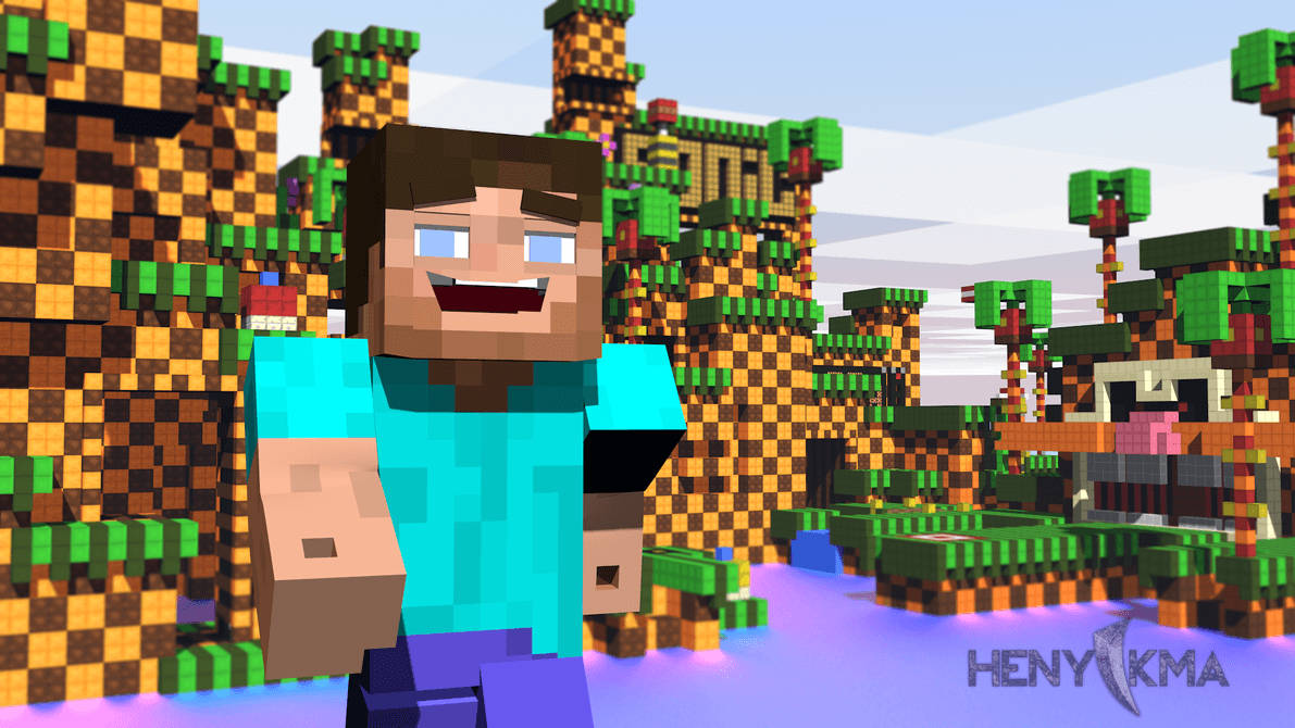 我的世界 桌布 壁紙 — 一個開心的Minecraft角色站在像素化的叢林生物群落中，有高大的樹木和發光的水。