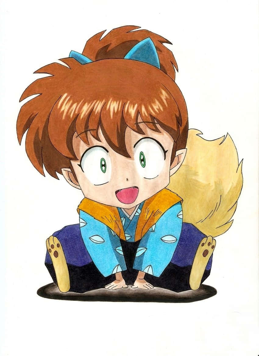 shippo 桌布 壁紙 — 一個開心的Q版動漫女孩，棕色頭髮，藍色貓耳和毛茸茸的尾巴，盤腿坐著，穿著傳統的藍色和橙色衣服。