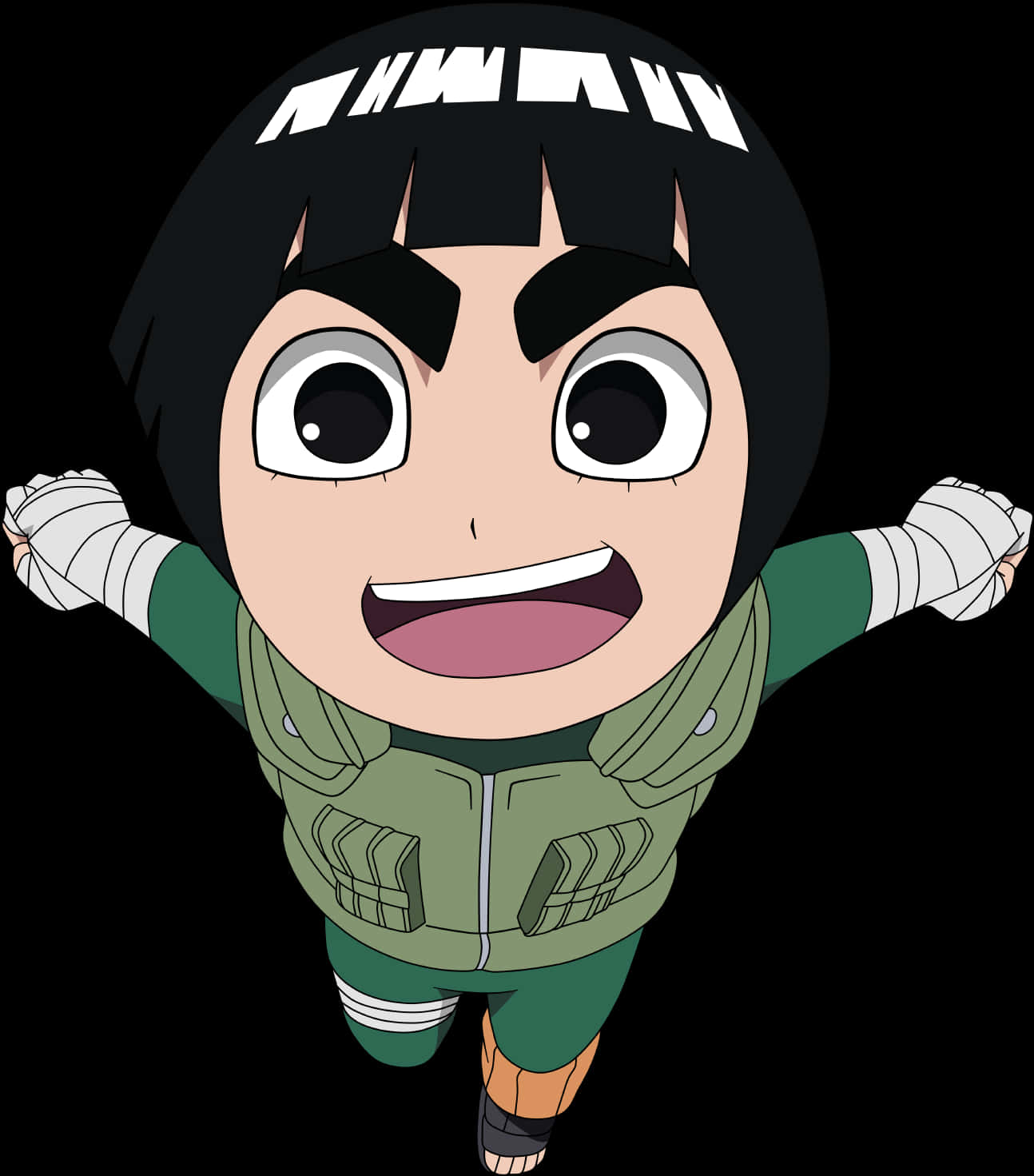 Anime Chibi 桌布 壁紙 — 一個開心的Q版動漫忍者，黑頭髮，綠色背心，在黑色背景上快樂地跳躍。