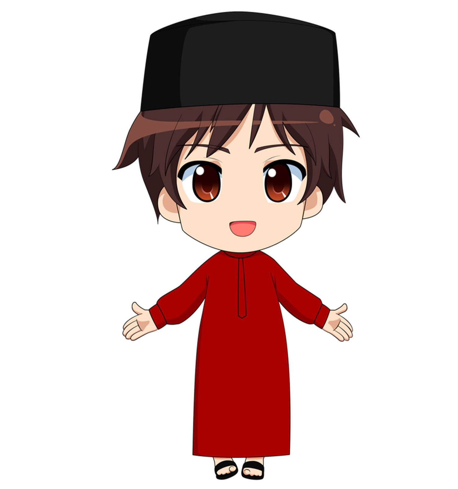 動漫男孩 桌布 壁紙 — 一個開心的Q版動漫男孩，穿著紅色長袍和黑色帽子，張開雙臂站在純白色背景前。