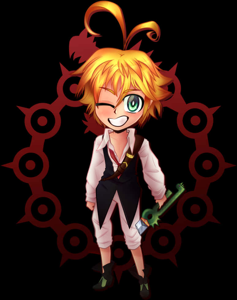 Meliodas 桌布 壁紙 — 一個開心的Q版動畫男孩，金髮和一隻綠色的眼睛，在深紅色圓形圖案背景上拿著發光的鑰匙眨眼。