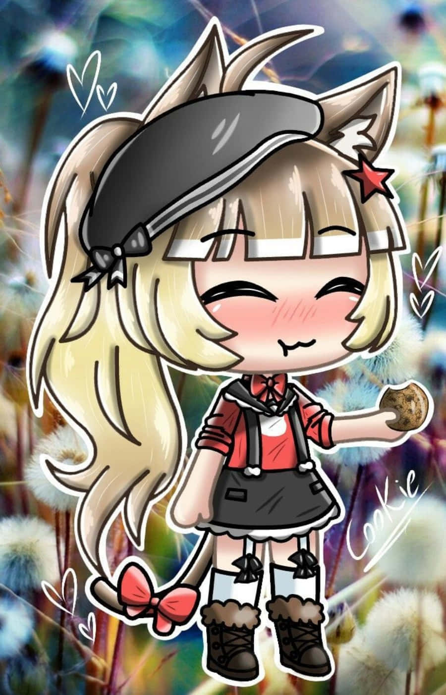 Gacha Life 桌布 壁紙 — 一個開心的Q版女孩，有狐狸耳朵和貝雷帽，在夢幻的蒲公英田裡拿著一塊餅乾，周圍漂浮著心形。
