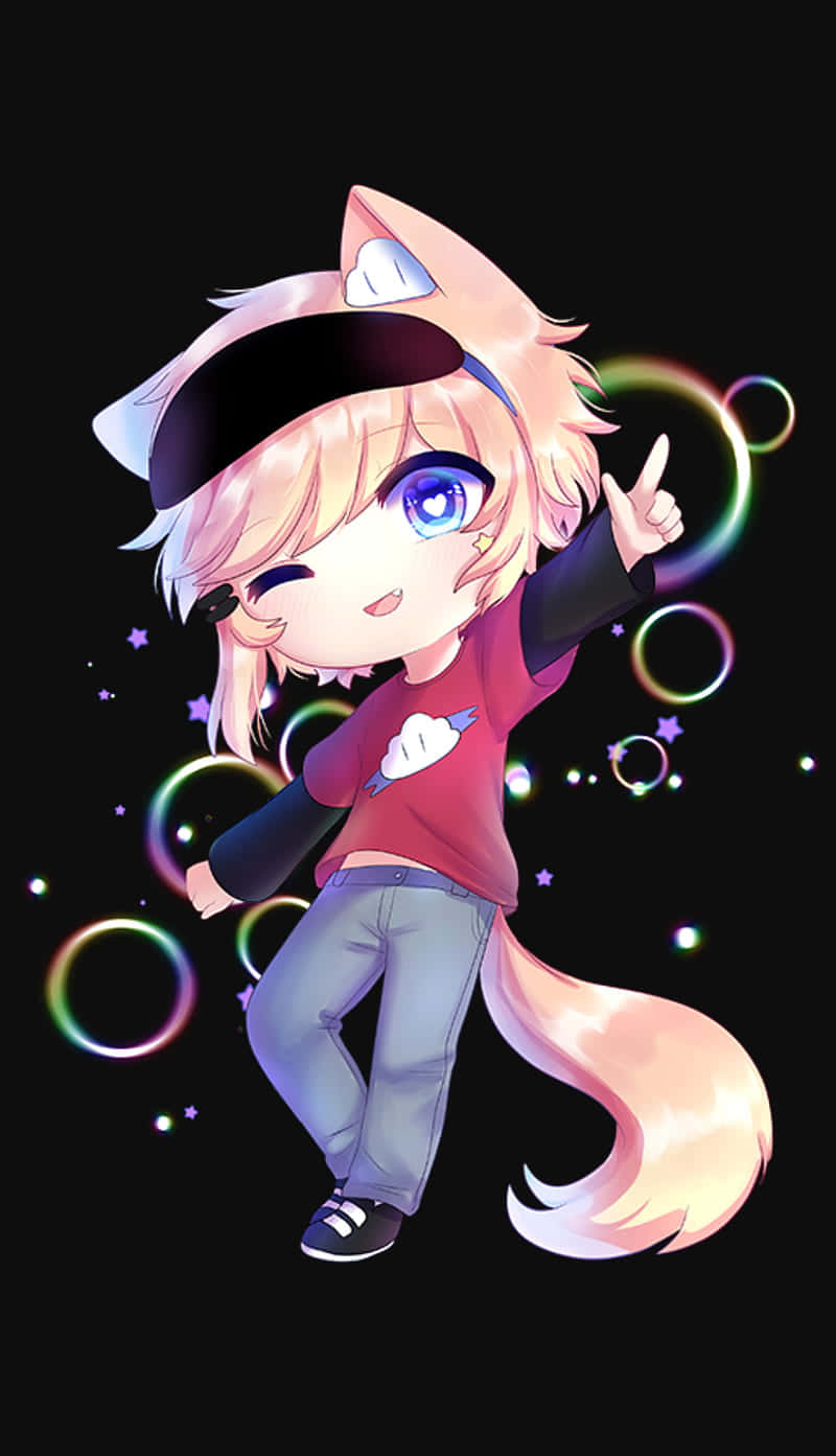 Cute Gacha Life Boy 桌布 壁紙 — 一個開心的Q版狐狸女孩，金髮藍眼，在黑色背景中閃爍的彩虹泡泡間快樂地跳舞。