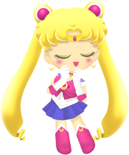 sailor 桌布 壁紙 — 一個開心的Q版美少女戰士，金色頭髮和粉紅色服裝，微笑著把手放在嘴邊。