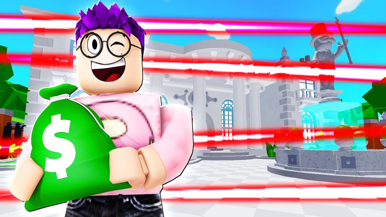 Roblox 桌布 壁紙 — 一個開心的Roblox角色，紫色頭髮戴眼鏡，手持一個巨大的綠色錢袋，站在一個充滿活力、卡通風格的大宅中，紅色雷射光束橫穿場景。