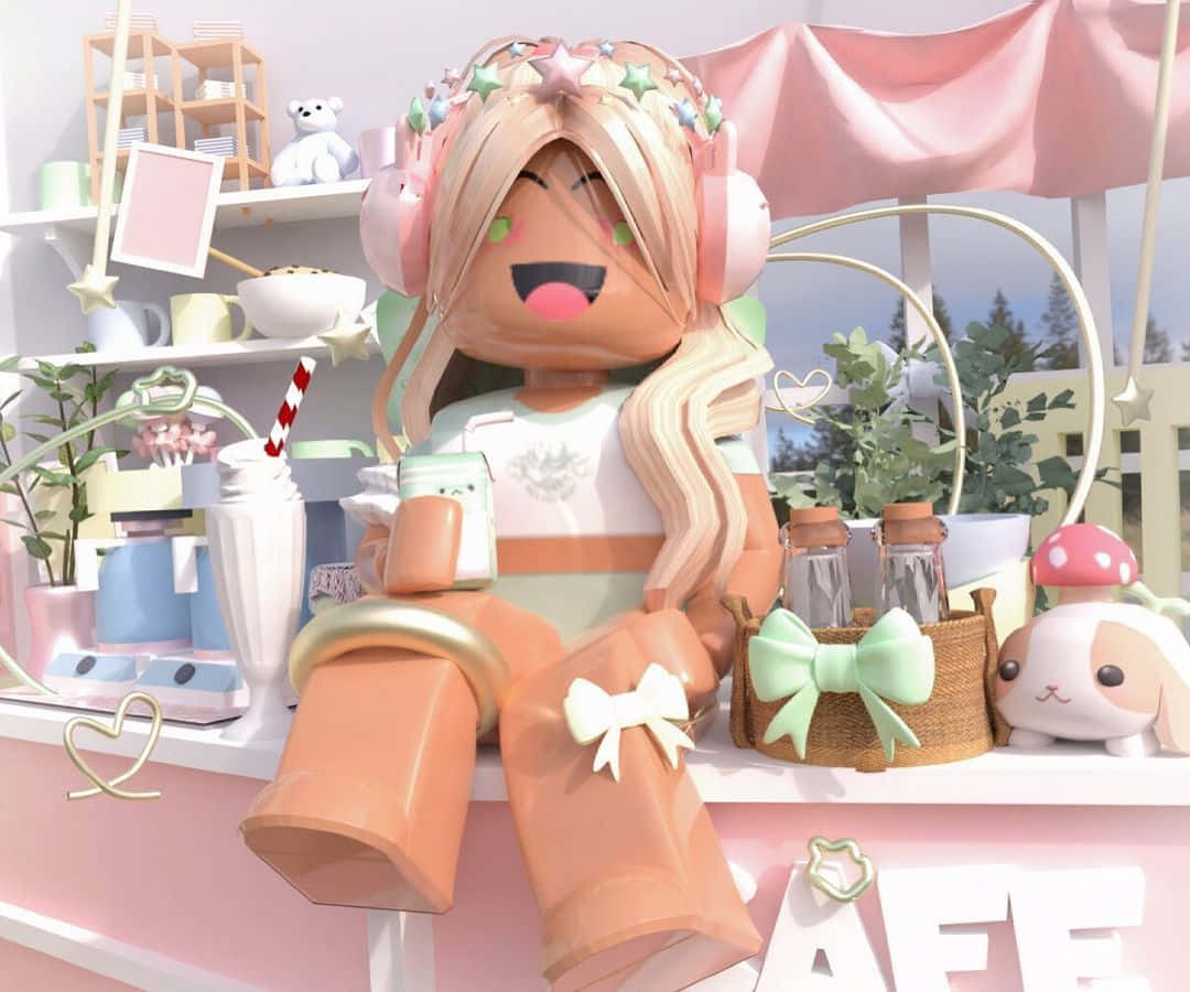一個Roblox角色在粉紅色的咖啡店裡，有飲品和毛絨玩具。 — 頭像 GIF 壁紙