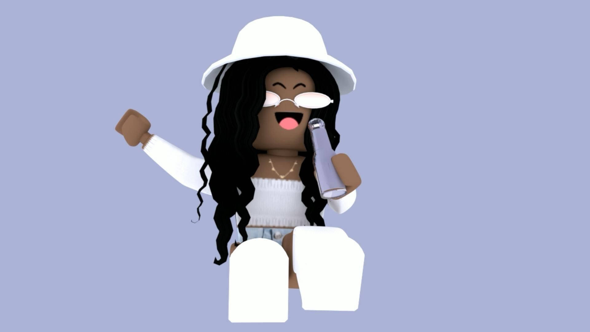 Roblox 女孩 桌布 壁紙 — 一個開心的Roblox角色，長長的黑髮和白色帽子，在柔和的薰衣草背景前拿著瓶子跳舞。