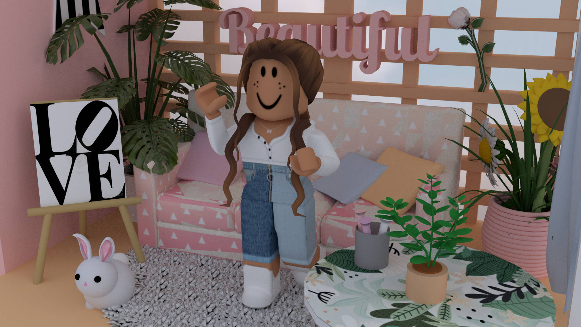Roblox 桌布 壁紙 — 一個開心的Roblox角色在一個充滿植物和裝飾牌的舒適粉紅色房間裡揮手。