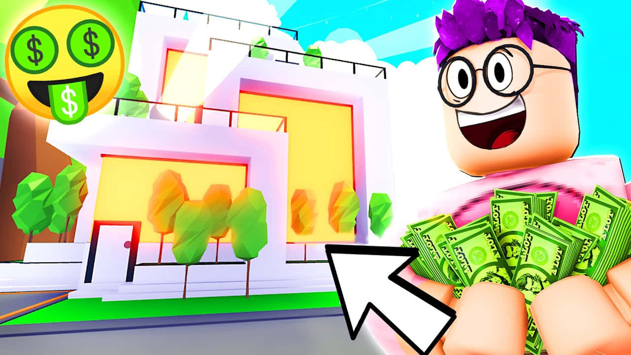 Roblox 桌布 壁紙 — 一個開心的Roblox角色拿著一堆錢，指著附近有美元表情符號的明亮現代房屋。