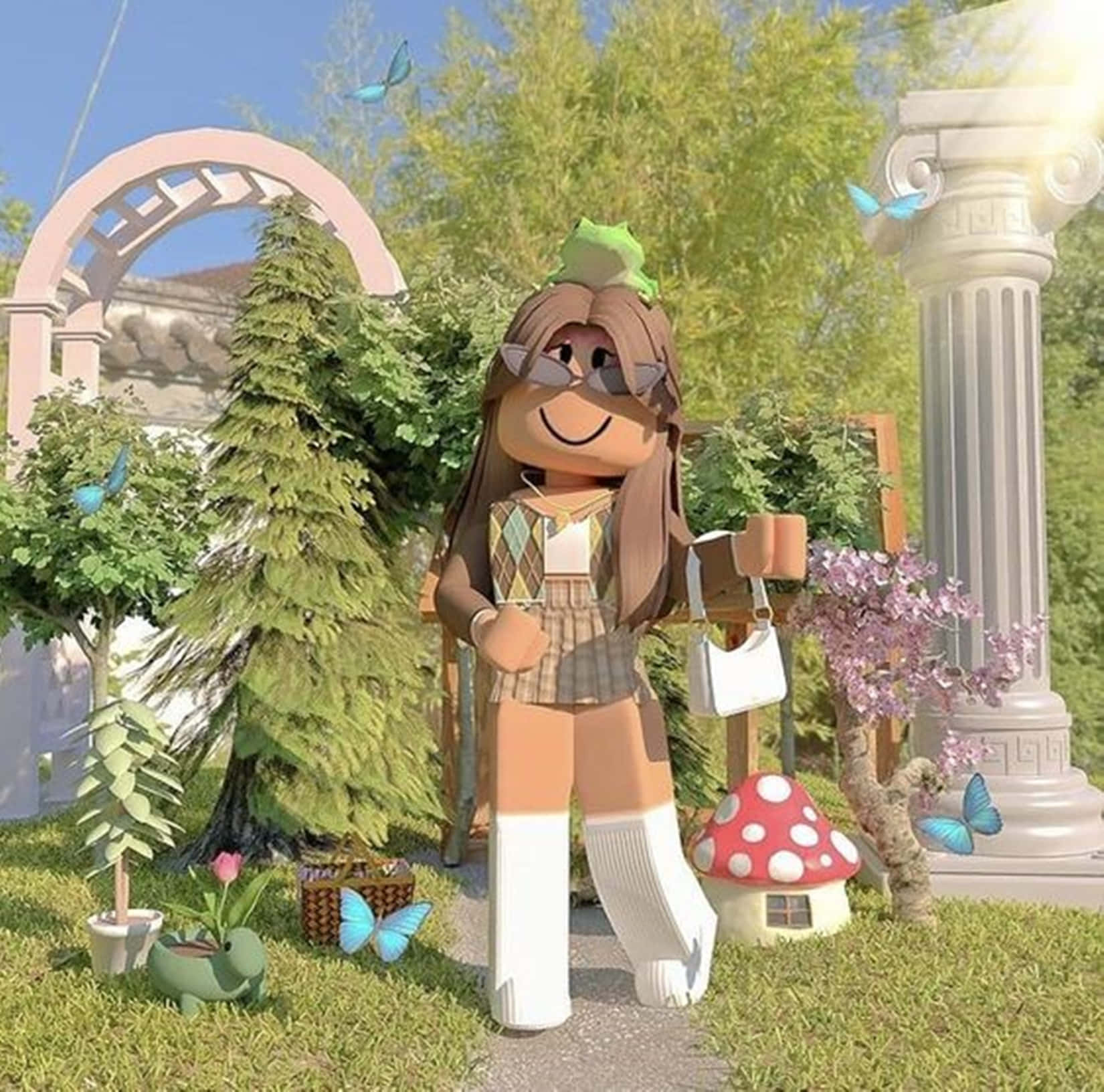 Roblox Aesthetic 桌布 壁紙 — 一個開心的Roblox角色站在一個奇幻花園中，有蝴蝶、蘑菇屋和古典柱子，在明亮的陽光下。