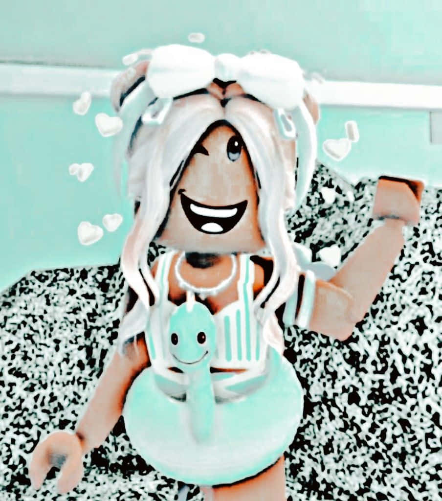 Pfp Aesthetic 桌布 壁紙 — 一個開心的Roblox頭像，白色頭髮和大蝴蝶結，微笑著拿著一個帶笑臉的青綠色充氣環。