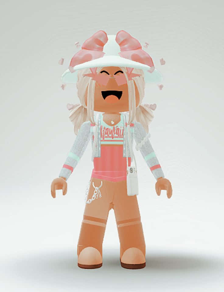 Roblox 桌布 壁紙 — 一個開心的Roblox頭像，粉紅色頭髮和大蝴蝶結帽子，在純白色背景上歡快地笑著。