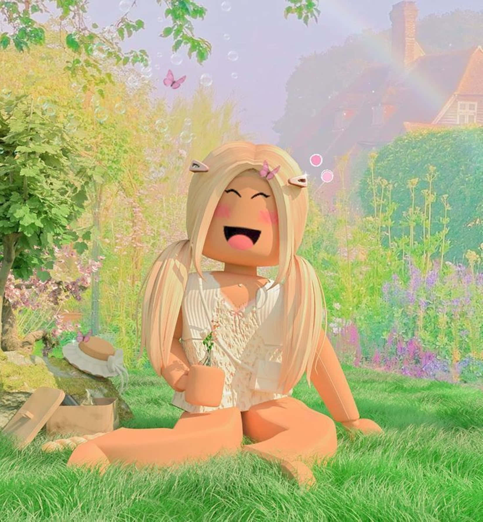 Roblox Gfx 桌布 壁紙 — 一個開心的Roblox頭像，金色辮子，坐在陽光花園裡笑著，周圍有泡泡飄浮。